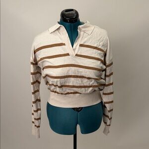 Calvin Klein Cream and Brown V-Neck Sweater